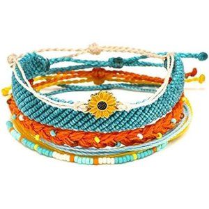 5PCS Boho Woven Sunflower Bracelets for Women Teens Girls Boy Couple Wrap Rope